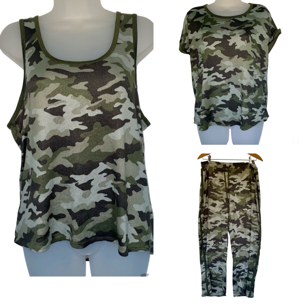 Lucky Brand Green Camo Army PJ Pajama Sets Soft Comfy Pants Tank Tee L - Picture 1 of 15
